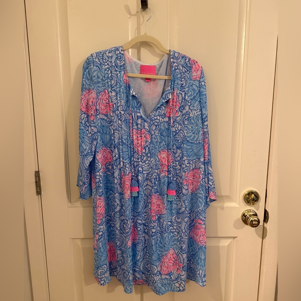 LILLY PULITZER Marlina Tunic Dress w/ Tassels Blue Pink Shells EUC $178 ~ Size L